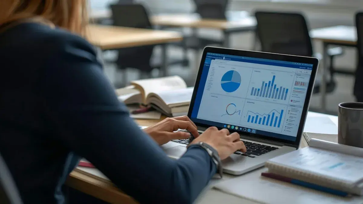 Agent reviewing revenue charts on a laptop at a desk